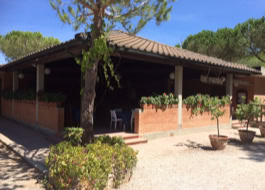 ristorante pizzeria con capriata e terrazza aperte sulle piscine